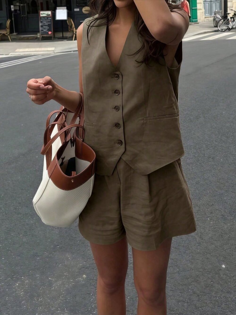 Brown Casual Women's Loose Single-Breasted Vest And Shorts Set